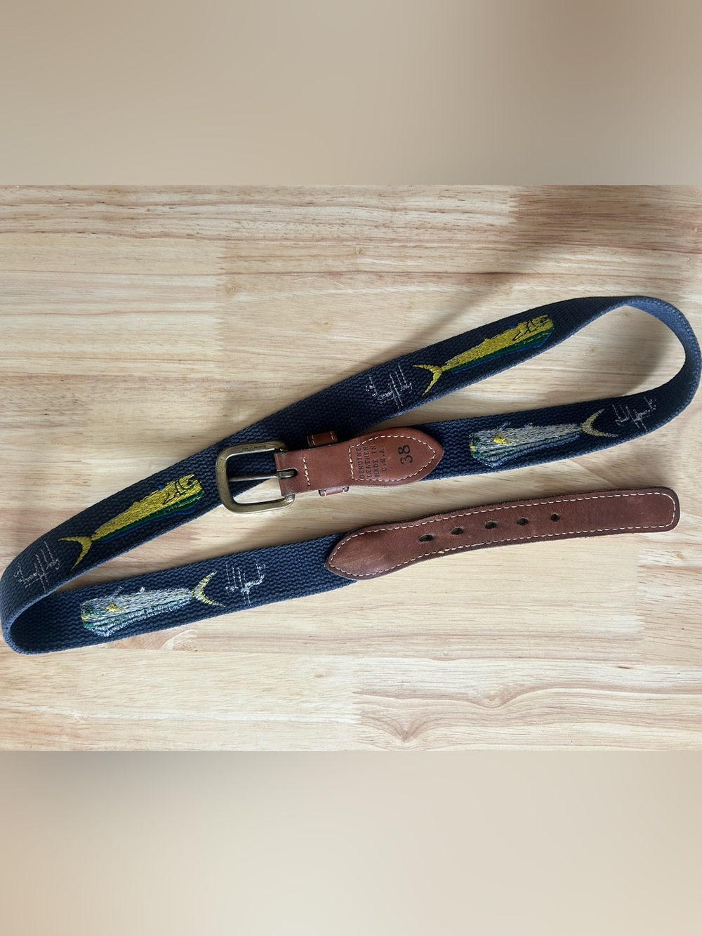 Guy Harvey Navy Web Belt with Mahi, Dolphin Fish Embroidery and Brown Leather